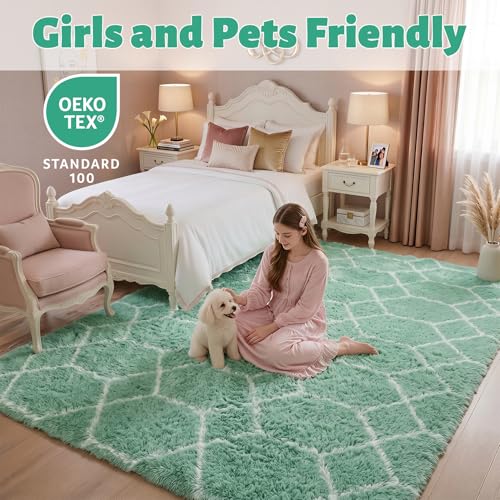 ONASAR Area Rugs for Bedroom Living Room, 4x6 Fluffy Sage Green and White Throw Rug, Soft Plush Fuzzy Shaggy Geometric Floor Carpet for Nursery Kids Girls Boys Teen Dorm Home Decor Aesthetic - color: Sage Green / White, size: 4' x 6' (Rectangular)