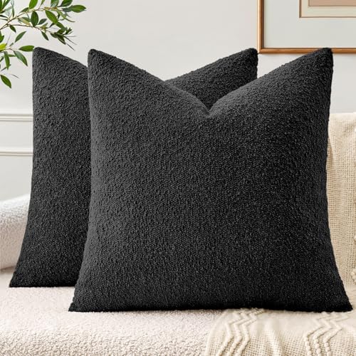 EMEMA Pack of 2, 18 x 18 Inch, Textured Boucle Throw Pillow Covers Cozy Soft Accent Solid Cushion Cases Decorative Black Pillowcases for Couch Sofa Chair Bedroom Living Room Home Decor - color: Black, size: 18" x 18" (Pack of 2)