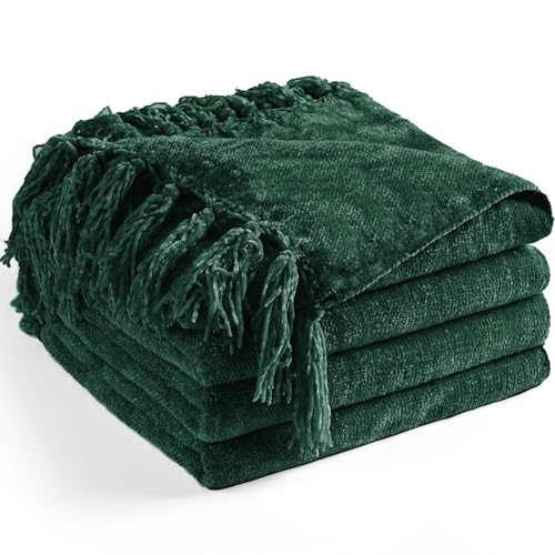 Chenille Throw Blanket for Couch 60"X 80" Twin, Soft Cozy Throws with Fringe Tassel for Bed Sofa Chair Cover, Lightweight Knitted Decorative Boho Blankets for Living Room, Dark Green - color: Dark Green, size: 60x80 inch