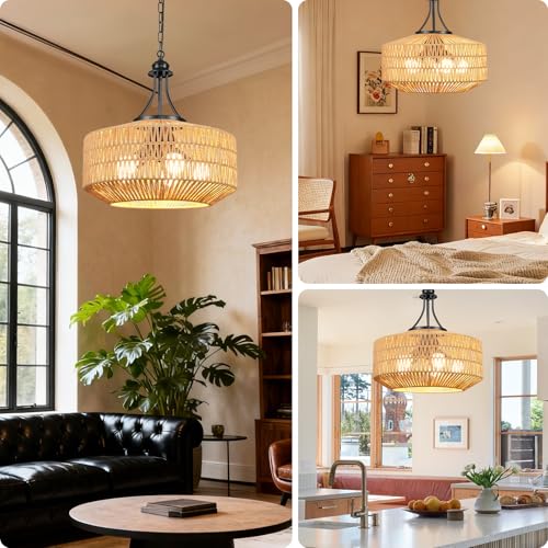 5-Light Rattan Pendant Light, 18.8" Large Boho Chandeliers for Living Room, Dining Room, Hand Woven Wicker Fixture with Adjustable Cord, Coastal Farmhouse Hanging Lamp for Kitchen Island - color: Beige-W48cm