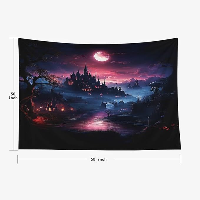 EMMTEEY Halloween Tapestry Halloween Castle Red Moon Dark 60X50 Inch Ceiling Tapestry Wall Art Hanging Tapetries for Bedroom Living Room Dorm Décor