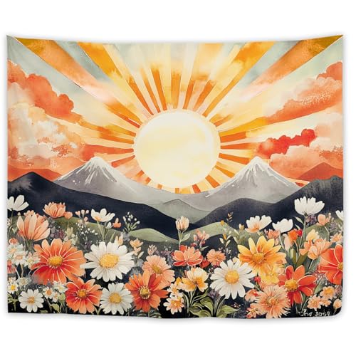 Yookeb Abstract Sun Flower Mountain Tapestry 59W by 51H Inch Wall Hanging Sunrise Sunset Watercolor Wildflower Landscape Bedroom Living Room Dorm Polyester Fabric Home Decor - color: Orange Blush Sun, size: 59"L x 51"W
