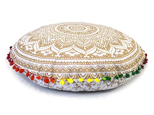 Round Mandala Floor Pillow Cover Seating Cushion Throw Cover Hippie Decorative Bohemian Ottoman Pouf Cover, Pom Pom Pillow Cases,Boho Indian 22 Inches (White Gold) - color: White Gold