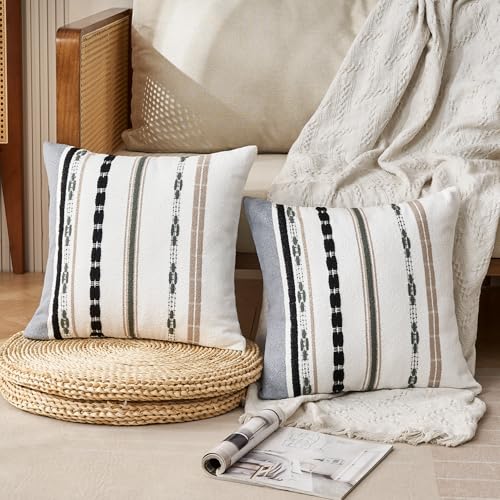 Boho Chenille Throw Pillow Covers 18x18 Inch Square Farmhouse Decorative Pillow Covers Set of 2, Beige Striped White Couch Protectors Soft Pillowcase Covers with Zipper for Sofa Bed - color: Brown