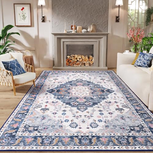 Amearea Vintage Design Area Rugs for Living Room, 4x6 Machine Washable Floral Collection Traditional Bedroom Rug, Low Pile Cute Kids Room Print Carpet, No Slip Office Kitchen Home Decor, Blue - color: Blue, size: 4' X 6' (Rectangular)