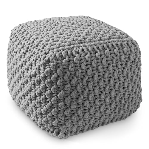 Casafield Square Pouf Ottoman, Light Gray 18.5" W x 18.5" D x 14.5" H Cotton Knit Foot Stool - Boho Floor Pouffe for Living Room, Bedroom, Home Office - color: Light Gray, size: 18.5"D x 18.5"W x 14.5"H