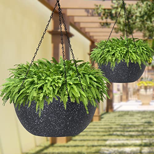 WOUSIWER 13 inch 2Pack Large Hanging Planters for Outdoor Indoor Plants with Drainage Holes and Chain, Round Hanging Flower Pots for Garden Home Porch Decor, Black Speckles - color: Black Speckles