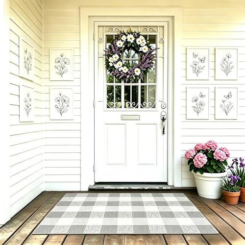 MUBIN Cotton Buffalo Plaid Rug, 27.5x43 Gray White Outdoor Rug Front Door Decorative Mat, Washable Doormat Hand-Woven Foldable Area Rug Layered Door Mats Rug for Front Porch, Entryway, Patio - color: Gray White Plaid, size: 2'3" x 3'7" (Rectangular)