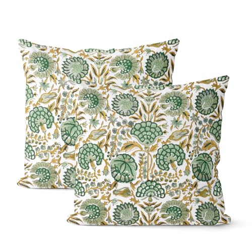 Boho Throw Pillow Covers 18x18 Inch 2 Pcs Sage Green Yellow Vintage Floral Decor Pillow Covers Flower Spring Summer Outdoor Seasonal Decorative Pillowcase Linen Cushion Cover for Couch Sofa - color: Boho Green Yellow Floral, size: 18" x 18" (Pack of 2)