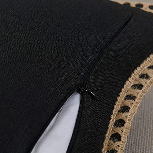 Set of 2 Farmhouse Throw Pillow Covers - Burlap Linen Trimmed Tailored Edges Decorative Cushion Covers for Bed Home Outdoor Decoration - color: Black, size: 24" x 24" (Pack of 2)