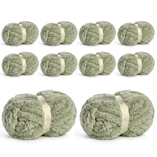 10 Pack Jumbo Chenille Yarn for Crocheting, #10 Super Bulky Baby Soft Yarn for Hand Knitting, 220 yds /70.5 oz Fluffy Chunky Knit Throw Blanket Yarn (Sage Green) - color: Sage Green