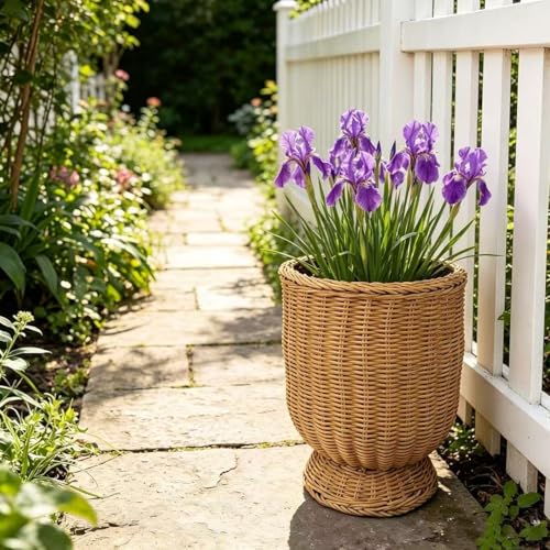 12 Inch Handwoven Boho Wicker Basket, Woven Decorative Storage Basket & Planter for Porch Patio Backyard – Urn Goblet Woven Planter, Wicker Flower Pot, Indoor Outdoor Flower Vase for Home Garden Decor