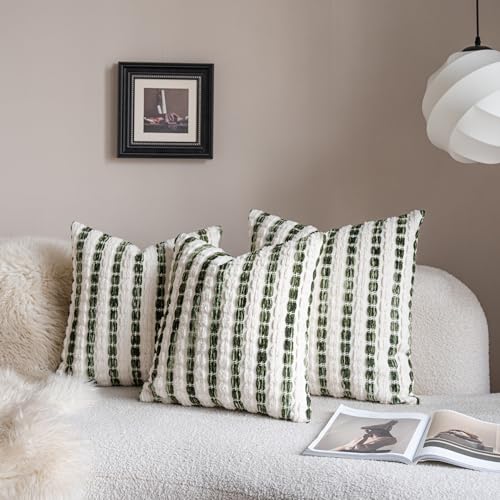 Caflife Boho Throw Pillow Covers 22x22 Inch Set of 2, Farmhouse Green Striped Textured Chenille Decorative Couch Pillow Cases, Rustic Accent Cushion Covers for Sofa Bed Living Room Bedroom - color: Green, size: 22" x 22" (Pack of 2)