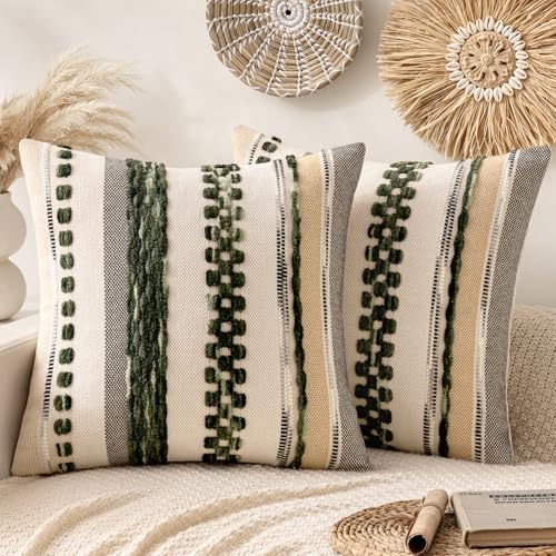 ANRODUO Pack of 2 Boho Decorative Throw Pillow Covers 20x20 Farmhouse Cushion Case Striped Chenille Pillow Cases Square Pillow Covers Accent Neutral Pillowcase for Sofa Couch Bed, Dark Green Stripe - color: Dark Green Stripe, size: 20" x 20" (Pack of 2)