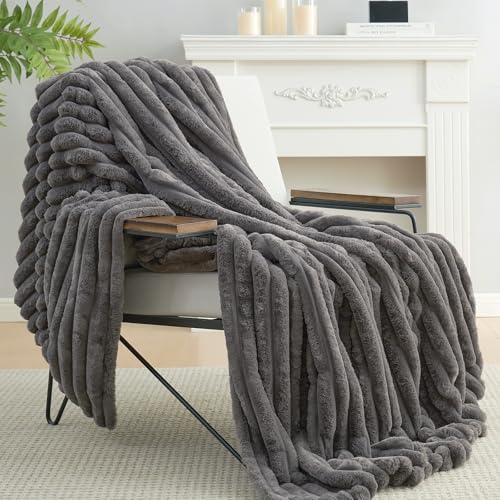 Amélie Home Faux Fur Throw Blanket for Couch, Cozy Fuzzy Fluffy Fur Luxurious Soft Striped Plush Gift Blankets for Family Sofa Chair Bedroom, 60"x80", Charcoal Grey - color: Striped Charcoal Gray, size: Twin(60"x80")