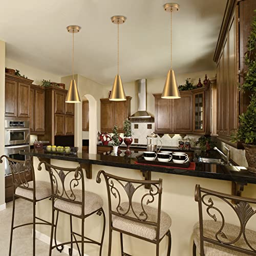 Gold Pendant Lights Kitchen Island,Dining Room Light Fixtures Over Table 3 Pack with Brushed Brass Cone Metal Shade, Modern Farmhouse Mini Chandeliers,Adjustable Cord Hanging Lighting for Bar,Sink - color: 3Pack Gold