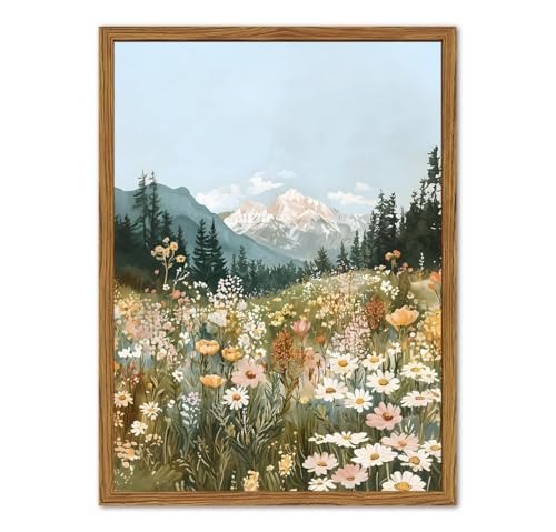 Framed Boho Landscape Wall Art, Colorful Floral Mountain Pictures Wall Decor, Vintage Wildflower Nature Paintings Canvas Prints Rustic Home Decor for Living Room Bedroom Office 12x16 inch - color: Boho Landscape, size: 16"L x 12"W