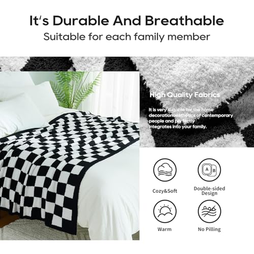 Checkered Throw Blanket, Black Soft Cozy Fluffy Knitted Throw Blankets for Couch, Sofa, Bed, Chair, Warm Fuzzy Travel Picnic Lightweight Plaid Blanket, 50x70 inches - color: Black White, size: 50×70 Inch