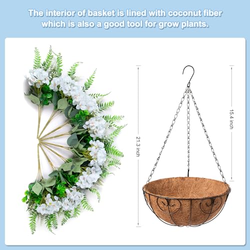Ammyoo Artificial Flowers in Hanging Basket Planter for Home Spring Summer Decoration, Silk Hydrangea Outdoor Indoor Arrangements, 12" Metal Coconut Lining Basket with Faux Plant(Light Green) - color: Z-light Green With Basket