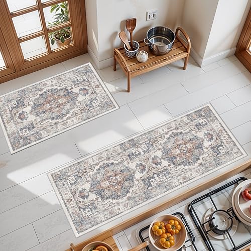 2-Piece Kitchen Runner Rug Set: Washable Non-Slip Floor Mats for Sink & Stove Cooking Area Soft Low Pile Water-Resistant Carpet for Dishwasher Fridge Fronts Durable Kitchen Island Mats(2x3+2x4,Brick) - color: Brick, size: 2x3+2x4