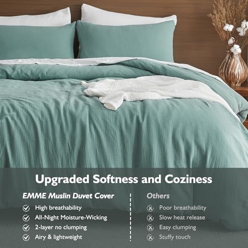 EMME Muslin Cotton Duvet Cover Set Teal Queen Size Linen Like Soft Breathable Lightweight Summer Comforter Cover Set with Zipper Closure (Teal, Queen, 90"x90") - color: 03 - Teal, size: Queen(90"×90")