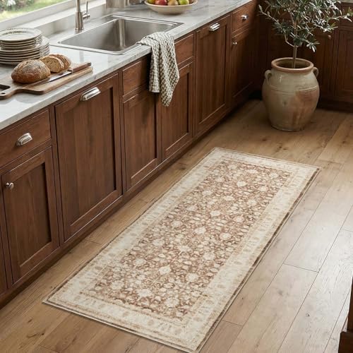 jinchan 2x5 Washable Vintage Runner Rug, Distressed Traditional Floral Hallway Runner, Soft Low-Pile Non-Slip Floor Mat for High-Traffic Kitchen Entryway Laundry Room Bathroom Vanity, Taupe - color: Oriental Taupe, size: 2' x 5' (Runner)