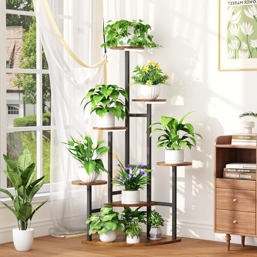 Corner Plant Stand with Grow Lights, 7 Tiered Plant Shelf Indoor, 43" Corner Plant Stands for Indoor Plants, Metal Plant Flower Display Shelves, Plant Organizer Rack for Living Room, Balcony, Home Decor（Round) - size: Round