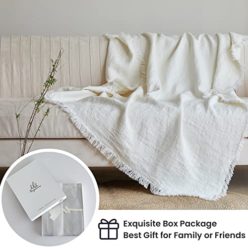 100% Linen Throw Blanket with Fringe for Couch/Bed/Sofa/Gift, Natural Washed Flax Solid Color Soft Breathable Cozy Farmhouse Boho Home Décor - White, 55"x75"