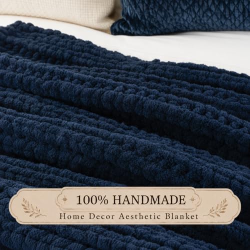 Battilo Cozy Navy Blue Throw Blanket 50" x 60" | Hand Knitted Chunky Knit Throw Blanket, Soft Jumbo Chenille for Couch Sofa Bed - color: Navy