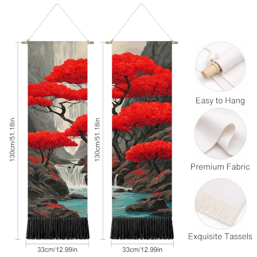 seewan 2 Pack Long Vertical Wall Tapestry, Boho Nature Landscape & Floral Aesthetic Wall Hanging for Bedroom Living Room Home Decor, Long Narrow Art Tapestry with Sunrise Mountain Botanical Designs, 13" × 51" (Scarlet Maple Scene, 13"Wx51"H, Unframed) - c