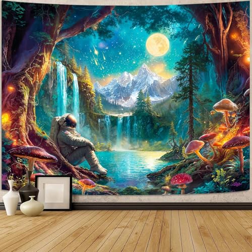 Zussun Mushroom Forest Tapestry Astronaut Nature Waterfull Snow Mountain Tapestry for Bedroom Aesthetic Fairy Moon Landscape Small Tapestries Wall Hanging for Dorm Living Room Decor 60 x 44 Inch - color: Cold Green, size: 60"L x 44"W
