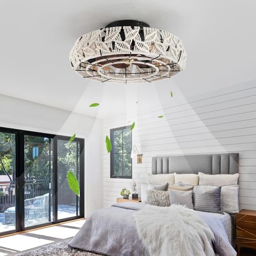 Boho Caged Ceiling Fans with Lights and Remote 20" Flush Mount 6-Speed Reversible Enclosed Low Profile Handmade Cotton Rope Ceiling Fan with Light 4 Bulbs,for Bedroom, Living Room, Kitchen - color: Cream Leaves