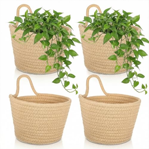 4 Pack Fabric Wall Hanging Baskets,Woven Storage Organizers Storage Organizers and Decoration Pocket Boho Style Wall Mounted Pouches for Organizing Fruits, Veggies, Snacks, Farmhouse