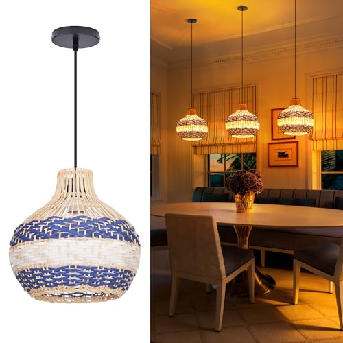 9.8" Rattan Woven Pendant Light, Adjustable Coastal Lamp Shade, Farmhouse Small Chandelier Vintage Hanging Lighting Fixture for Kitchen Island Bedroom Dining Living Room