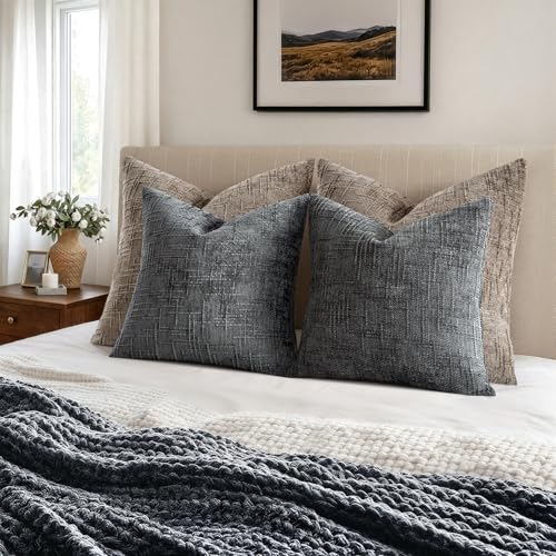 MIULEE Textured Throw Pillow Covers Thick Chenille Decorative Pillows Dark Grey 18x18 Inch Set of 2 Modern Boho Farmhouse Home Decor Neutral Cushion Covers for Couch Sofa Living Room Bedroom - color: Dark Grey, size: 18" x 18" (Pack of 2)