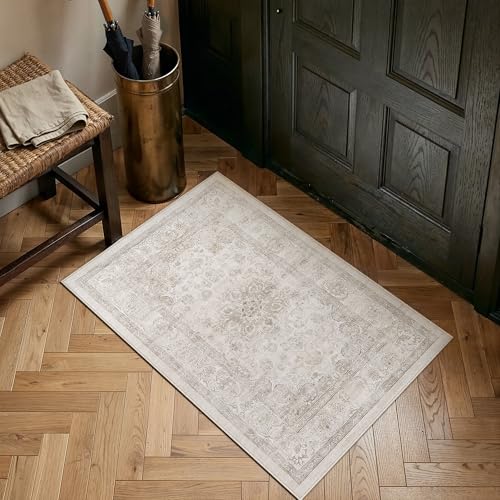 PureCozy Beige Area Rug 2x3 Washable Vintage Entryway Carpet Non Slip Soft Low Pile Distressed Medallion Door Mat Indoor Retro Throw Small Rug for Bathroom Kitchen Office Bedroom Dining Room - color: Retro | Beige, size: 2' x 3' (Rectangular)