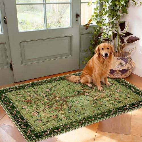 Entryway Rug 2x3 Washable, Green Non-Slip Small Area Rug, Boho Floral Botanical Low Pile Carpet for Front Door, Bathroom, Kitchen - color: Green, size: 3' x 2' (Rectangular)