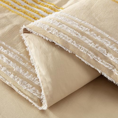 Chezmoi Collection 4-Piece Clip Jacquard Cotton Comforter Set King, Boho Chic Textured Striped Bedding with Chenille Textured Pillow Cushion, Pale Orange/White - color: Momo Pale Orange White, size: King