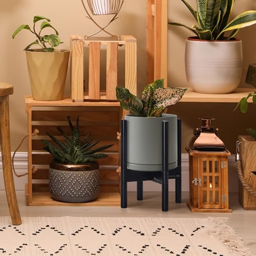 D'vine Dev Ceramic Planter with Ebony Stand - 8 Inch Modern Round Flower Pot with Wood Planter Holder, Grey, 55-B-M-3 - color: Grey Pot + Ebony Stand, size: 8 Inch