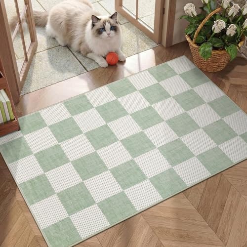 GarveeHome Checkered Sage Green 2x6 Washable Kitchen Runner Rus Geometric Diamond Dot Modern Soft Low-Pile Long Rug for Bedroom Hallways Entryway Non-Slip TPE Rubber Backing - color: Sage Green, size: 2' x 6' (Runner)