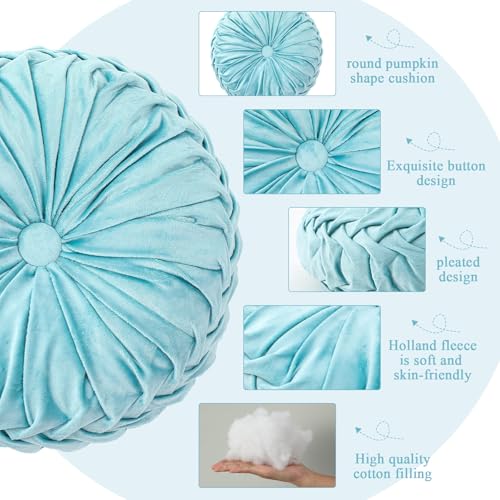 Drydiet 1 Pcs Round Throw Velvet Pillows Decorative Pleated Throw Pillows Diameter Accent Pumpkin Boho Chair Cushion for Couch Sofa Home Decoration (Aqua,15'') - color: Aqua, size: 15''