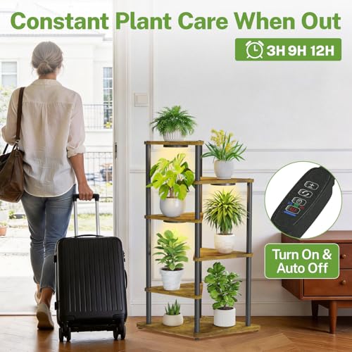 iDavosic.ly Tall Plant Stand with Grow Lights for Large & Heavy Duty Planters, 5 Tier Indoor Corner Flower Shelf with Wooden Trays & Metal Frame, Orchid Rack for Living Room Balcony, Black & Brown - size: 5 Tier with Light