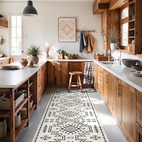 Lahome Vivienne Western Runner Rug for Hallway Non Slip, Boho Washable Low Pile Soft Runner Rug for Kitchen Bathroom, Moroccan Aztec Long Carpet for Entryway Entrance Kitchen Indoor (Ivory, 2'5''x8') - color: Ivory, size: 2'6" x 8' (Runner)