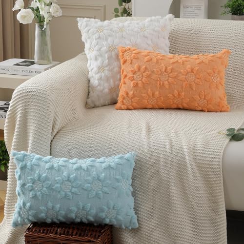 DFXSZ Spring Summer Pillow Covers 12x20 inch Set of 2 Farmhouse Decor White Flower Heart Sunflower Blue Soft Plush Faux Fur Jacquard Throw Pillows for Sofa Holiday Spring Home Decor PTK024G12 - color: Blue, size: 20" x 12" (Pack of 2)