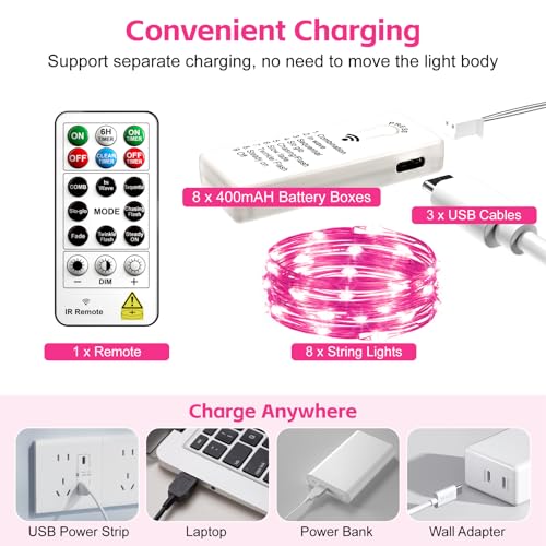 8 Pack Rechargeable LED Fairy Lights 7Ft 20LED Battery Operated with Remote, DIY Timer & 8 Modes, Mini Twinkle String Lights for Indoor Christmas Wedding Mason Jar Bedroom Party Table (Pink) - color: Pink