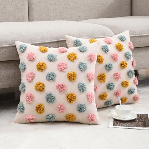 Holibeat Fluffy Dot Pillow Covers Decorative Throw Pillowcases Pack of 2 (Pink Blue Orange, 18" x 18" (Pack of 2)) - size: 18" x 18" (Pack of 2)