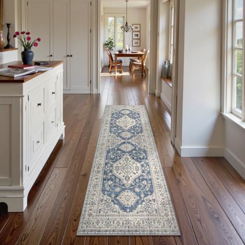 Lahome Oriental Kitchen Runner Rug Non Slip, 2x5 Washable Hallway Runner with Rubber Backing, Vintage Hallway Rug Ultra-Thin Soft Carpet for Bedroom Bathroom Eleanor, Blue - color: Blue, size: 2' x 5' (Runner)