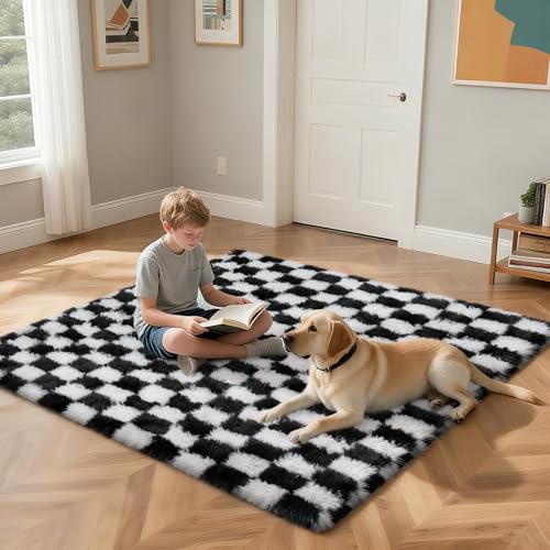 Checkered Rug for Bedroom, 2x4 Black and White Area Rugs, Classic Checkered Carpets Shag Area Rug, Bedside Rugs for Living Room Bedroom Room Home Decor - color: Black and White, size: 2' x 4' (Rectangular)