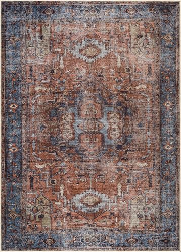 Bloom Rugs Washable Non-Slip 2' x 3' Rug - Terracotta/Blue Traditional Oriental Area Rug for Living Room, Bedroom, Dining Room, and Kitchen - Exact Size: 2' x 3' - color: Terracotta / Blue, size: 2' x 3' (Rectangular)