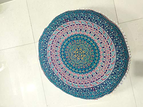 CRAFT KALA Mandala Floor Pillow Cushion Cover Seating Throw Cover Hippie Decorative Bohemian Ottoman Poufs Pom Pom Pillow Cases Boho Indian Cotton Living Room Home Décor 24" Round Elephant Moor Joda - color: Elephant Moor Joda, size: 24" x 24" (Pack of 1)